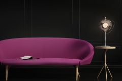 Contemporary dark elegant living room, with a purple grey sofa,